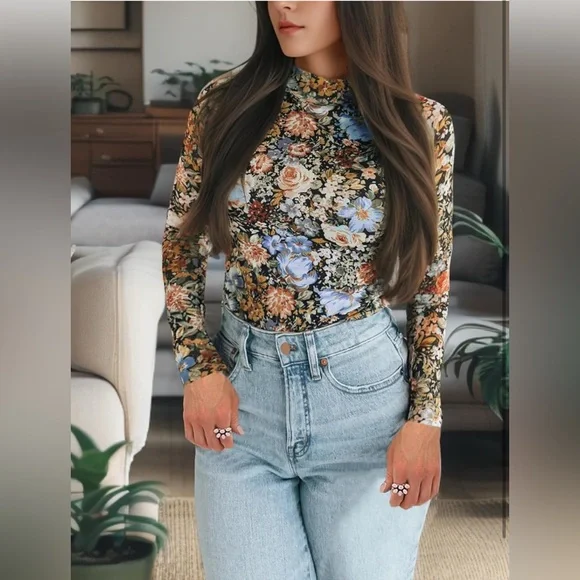 Black Sheer Lace Floral Mock Neck Mesh, Long Sleeve Floral Top - Picture 2 of 5